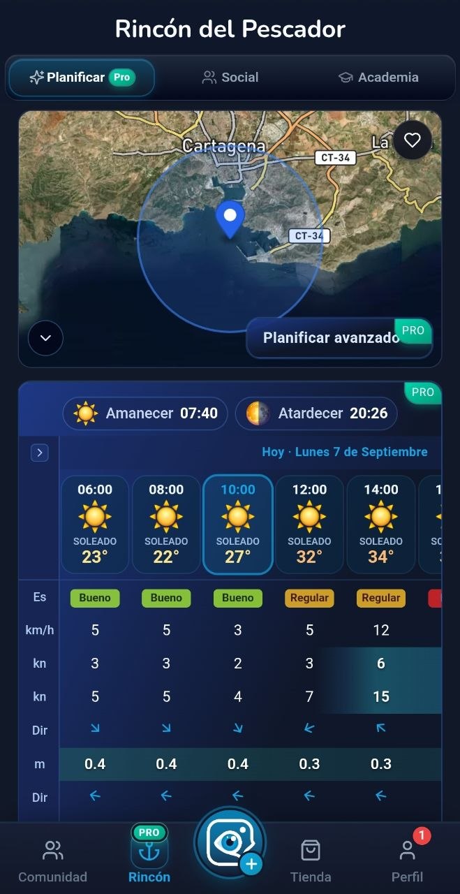 Pronóstico del tiempo y condiciones de mar en AiPeces